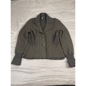 Ambition Wool Blend Ribbed Mixed Media Button Front Cardigan Jacket Charcoal M